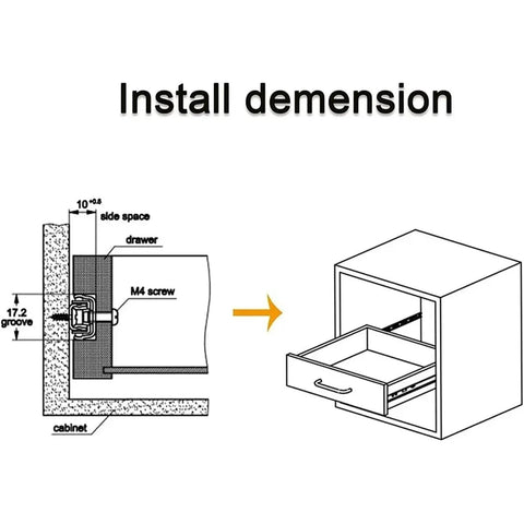 Diagram showing installation of 17mm Wide Mini Drawer Slides Two Way Pull Out Rails With Smooth Glide For Kitchen Office And Workshop 214mm Length 1 Pair Drawer Runners Easy Install Durable Metal Hardware.