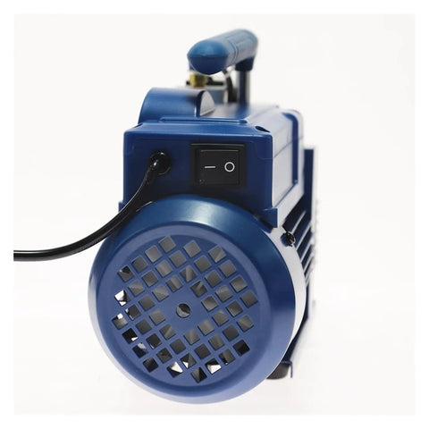 Top Shelf Heavy Duty 250W Vacuum Pump And Dual Manifold Refrigerant Kit With Hella Precise Pressure Gauge back view of blue motor with power switch.