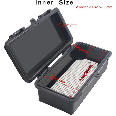 Open view of IP67 Waterproof ABS Junction Box With Hinged Black Cover And Mounting Plate Wall Mount Electrical Enclosure For Arduino Projects And Power Supplies Weatherproof Outdoor Project Box 7.9 By 3.9 By 2.8 Inches Built To Last showing interior measurements.