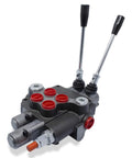 Front view of monoblock hydraulic directional valve, 2-spool with two levers, metal body and red port caps.