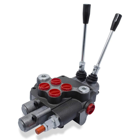 Front view of monoblock hydraulic directional valve, 2-spool with two levers, metal body and red port caps.
