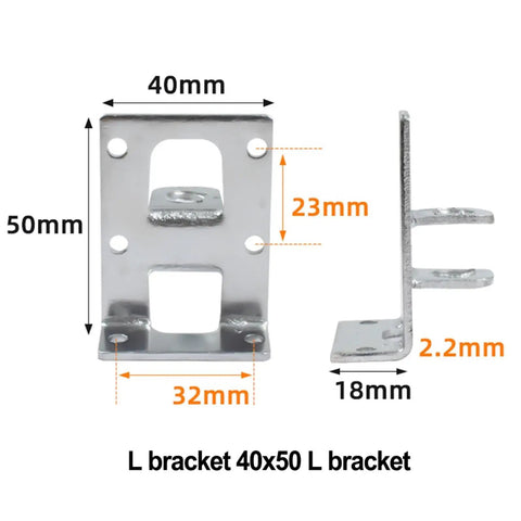 Metal L bracket dimensions showing 40x50mm size, side view visible, not related to Ten Pieces Adjustable Leveling Feet Heavy Duty Height Adjusters For Cabinet Table And Workbench With Threaded Metal Bases To Stop Wobble On Uneven Floors Protect Surfaces And Deliver Rock Solid Shake Free Setup.
