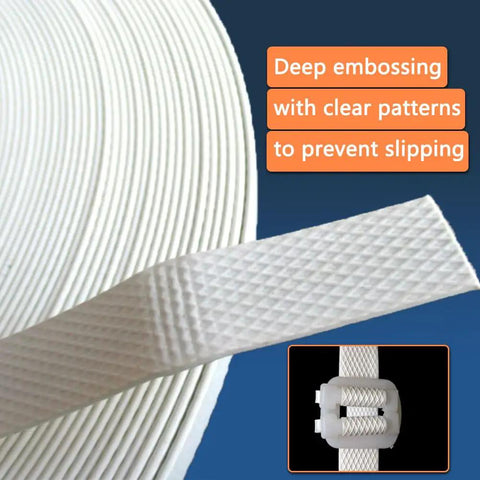 Heavy Duty Hand Grade Polypropylene Strapping Coil Delivering Knockout 130 Pound Break Strength And Three Twenty Eight Feet Of Smooth White Strapping with embossed pattern.