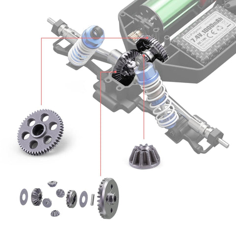 Machined Metal Spur Gear And Diff Pinions And Gears Set For One Sixteenth Scale RC Car 16890A HBX Upgrade M16102 M16103 Beefy Steel All Metal Construction For Precise Shifts And Long Lasting Performance