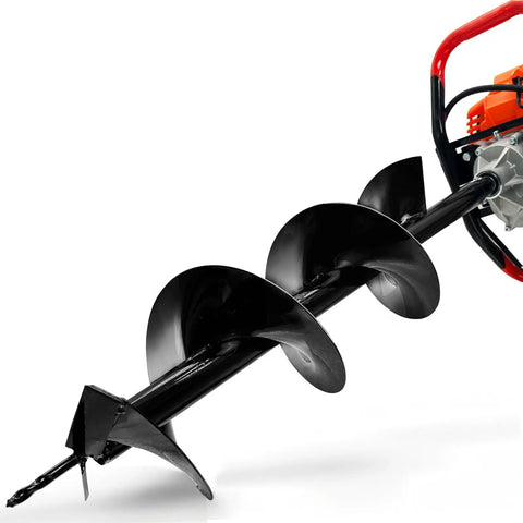 Close-up of Gas Powered Earth Auger Post Hole Digger With 62cc Two Stroke Engine And 3 Drill Bits 3 Inch 5 Inch And 8 Inch Plus