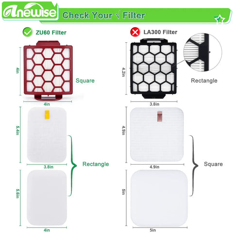Comparison chart of ZU60 and LA300 vacuum filters, showing square and rectangular designs with dimensions.