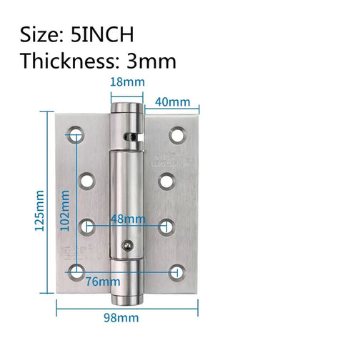 Two Pack Ball Bearing Butterfly Butt Self Closing Door Hinges Stainless Steel 5 Inch Adjustable For Wooden Interior Doors Spring Loaded Auto Close Smooth Operation Heavy Duty Mounting Ready showing hinge dimensions