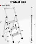 Ultra Lightweight Aluminum 3 Step Ladder Folding Stool With Safety Handrail Heavy Duty 600 Pound Capacity Anti Slip Pedals Slim Fold Design For Home Use And Everyday DIY Projects, product size shown