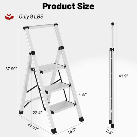 Ultra Lightweight Aluminum 3 Step Ladder Folding Stool With Safety Handrail Heavy Duty 600 Pound Capacity Anti Slip Pedals Slim Fold Design For Home Use And Everyday DIY Projects, product size shown