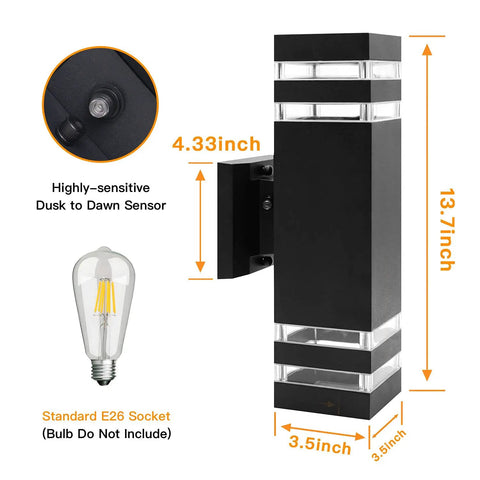 Dusk To Dawn Outdoor Wall Lights Up Down Exterior Sconces with E26 Socket, waterproof anti rust, measurements shown