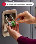 Person setting Locker Padlock With Set Your Own Five Character Code For School And Gym Lockers No Key Needed Easy To Use Combination Padlock