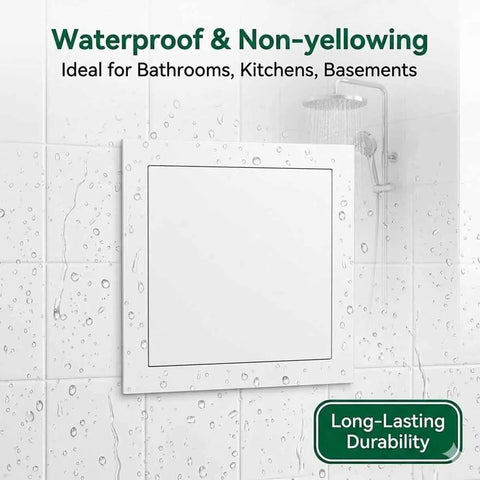Top Shelf Heavy Duty Aluminum Access Panel Door For Drywall And Ceiling, Recessed Plumbing Cover With Push To Open Hatch, Built Ridiculously Tough With Zero Sweat Install For Your Next Renovation Black 8X12 Inch in a waterproof bathroom setting.