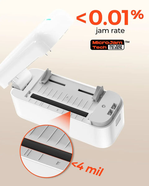 Bluetooth Thermal Label Printer For 4x6 Shipping Labels, Easy Setup, jam rate <0.01%, MicroJam Tech, open view with label feed