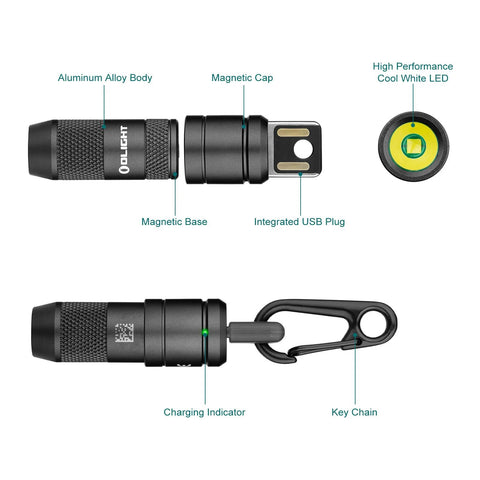 Diagram of Imini 2 EDC Rechargeable Keychain Flashlight With 50 Lumens Output showing magnetic cap, USB plug, and aluminum alloy body