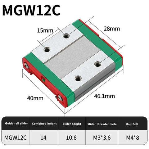 MGW12C carriage block for Compact Linear Guide Rail Kit 100 To 1000mm With Carriage Block For Slick, Smooth CNC, 3D Printer
