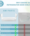 Comparison chart for Refrigerator Door Bin Shelf Replacement 242126602 with features like OEM specs and warranty.