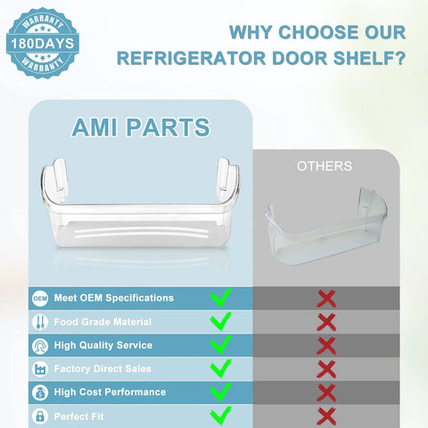 Comparison chart for Refrigerator Door Bin Shelf Replacement 242126602 with features like OEM specs and warranty.