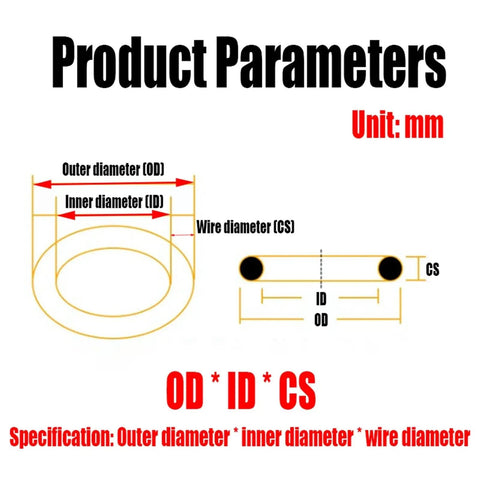 Pro Grade Nitrile O Ring Seal Gasket Kit DIY Friendly Assorted Sizes From 5mm To 420mm For Plumbing Automotive Industrial Equipment 1 To 10 Pieces Great For Sealing Leaks And DIY Projects. diagram showing OD, ID, and CS measurements for nitrile O-rings