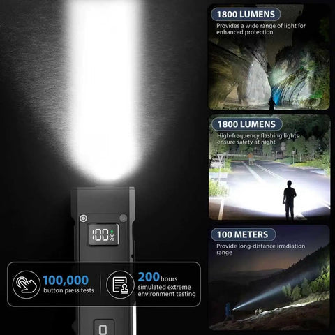 Ultra Slim Flat EDC Flashlight Rechargeable 1800 Lumen Pocket Light With 365nm UV And RGB Modes shown with brightness and range features
