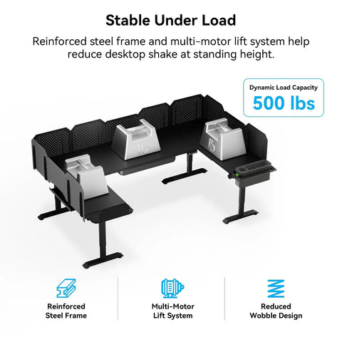 Modular Electric Standing Desk Featuring Expandable L Shaped Layout For Makers And Tech Crews Smooth Height Adjustment with reinforced steel frame.