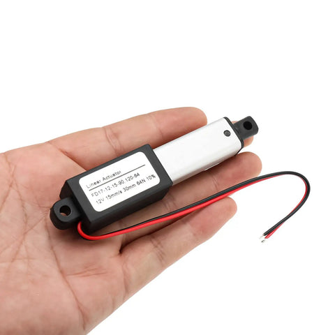Hand holding 12V Mini Electric Linear Actuator with 1.2 Inch Stroke, 0.6 Inch Per Second Speed, 60N Load, IP54 Waterproof.