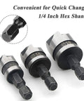 3-Piece Countersink Chamfer Drill Bit Set With 5-Flute 90 Degree Bits, One Quarter Inch Hex Shank, 12mm 16mm 19mm sizes