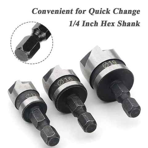 3-Piece Countersink Chamfer Drill Bit Set With 5-Flute 90 Degree Bits, One Quarter Inch Hex Shank, 12mm 16mm 19mm sizes