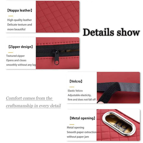 Premium Waterproof PU Leather Center Console Armrest Booster Cushion Pad Fit For Tesla Cybertruck 2025 showing Nappa leather, zipper, Velcro, and metal opening details.