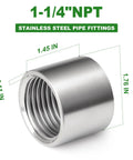 Rock Solid One Point Two Five Inch Double Female NPT Pipe Coupler 304 Stainless Steel Heavy Duty Rust Proof Connector with measurements.