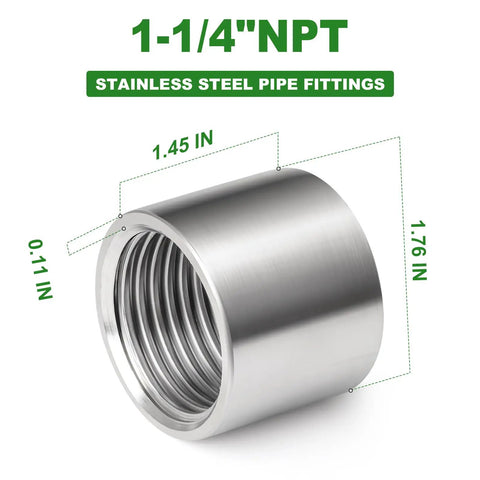 Rock Solid One Point Two Five Inch Double Female NPT Pipe Coupler 304 Stainless Steel Heavy Duty Rust Proof Connector with measurements.