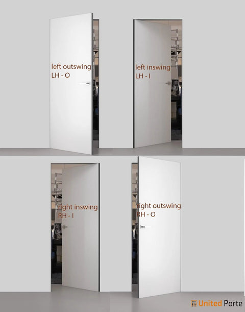 Interior Invisible Hidden Door With Handle Planum 0010 Primed Black Edge Hidden Frame 30 Inch By 84 Inch Right Hand Inswing Frameless Modern Wood Door With Concealed Hinges Magnetic Lock And Pre Drilled Hardware displayed in different swing options.