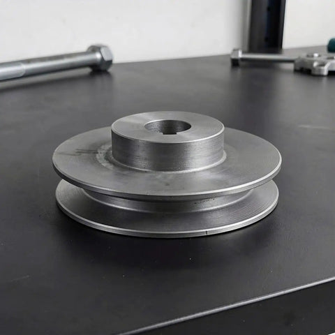 Heavy Duty Cast Iron V Belt Pulley 100 Mm Od Single Groove on a workbench, showcasing 19 Mm Bore and 6Mm Keyway design.