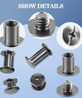 122 Pack Leather Chicago Screw Kit Set In Six Sizes For DIY Leathercraft Bags Clothes Jackets Belts And More Includes M5 To M12 Screws Rivets And Hardware For Quick Easy Assembly And Durable Hold, showing various gunmetal screws and rivets.
