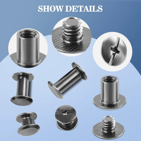 122 Pack Leather Chicago Screw Kit Set In Six Sizes For DIY Leathercraft Bags Clothes Jackets Belts And More Includes M5 To M12 Screws Rivets And Hardware For Quick Easy Assembly And Durable Hold, showing various gunmetal screws and rivets.