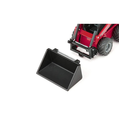 Focus on Manitou 3300V Skid Steer Loader Toy With Movable Bucket And Arm Rubber Tread Farm Tires, showing black bucket detail.