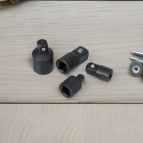 Top Tier Impact Socket Adapter Set 4 Pieces High Carbon Steel Heavy Duty Drive Reducers For 3/8 1/2 And Inch With Secure Snaps, four adapters on table