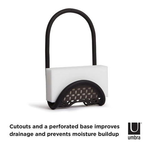 Flexible Sling Sponge Holder for Kitchen Sink No Suction Cups Non Slip Caddy That Grips Faucets and Sink Dividers Dries Sponges Fast With Perforated Base Modern Black displayed with perforated base and black frame