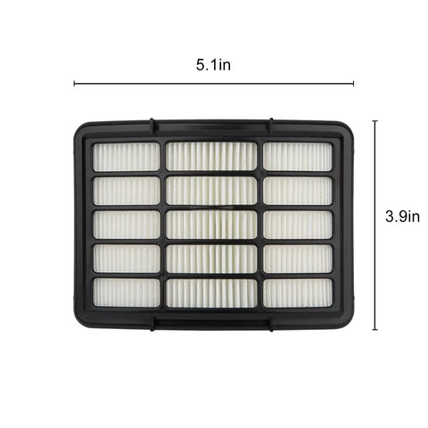 Front view of Six Pack Vacuum Filter Replacement For Navigator Lift Away showing white filter grid, black frame, measurements 5.1in x 3.9in