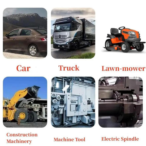 Collage featuring car, truck, lawn-mower, construction machinery, machine tool, and electric spindle