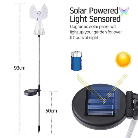 Solar Angel Lights Outdoor Decor Set Of 2 With Fiber Optic Wings Color Changing LED Beads shown with height measurement and solar panel