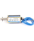 Dope 12V DC Push Pull Solenoid Electromagnet With 5N Force, 15mm Stroke, Compact 10mm Body, 30x15.6x13mm Size, Plunger 5.7x58mm, Ideal Magnetic Actuator For Locks, Latches And Robotic Projects, with blue wires and spring plunger