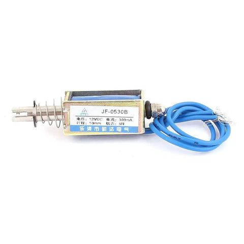 Dope 12V DC Push Pull Solenoid Electromagnet With 5N Force, 15mm Stroke, Compact 10mm Body, 30x15.6x13mm Size, Plunger 5.7x58mm, Ideal Magnetic Actuator For Locks, Latches And Robotic Projects, with blue wires and spring plunger