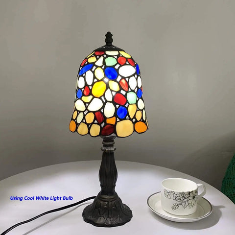 Colorful Cobblestone Tiffany Style Stained Glass Table Lamp With Six Inch Shade, Handcrafted Copper Foil, 15 Inch Tall, Multi Colored Glass, E12 Bulb Not Included