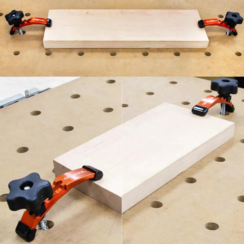 Positionable T-Track Hold Down Clamp Kit For CNC Routers And T-Slot Clamps used to secure wood on a perforated table