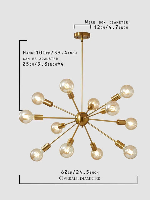 Modern Gold Sputnik Chandeliers Set Of 12 Brass Industrial Ceiling Lights adjustable height dimensions display