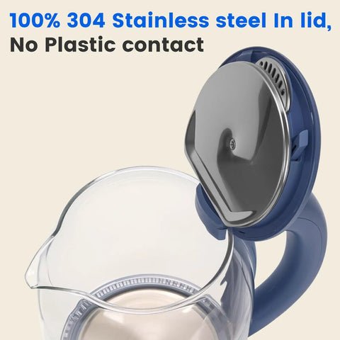 Glass Electric Kettle With No Plastic Contact With Water 1.8L open lid view showing 304 stainless steel interior and blue handle.