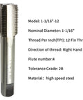 1-1/16 Inch 12 TPI UN Right Hand Straight Flute Machine Tap HSS High Speed Steel 2B Tolerance Pro Grade Metalworking Tool For Steel And Aluminum Includes 1 Tap, shown upright
