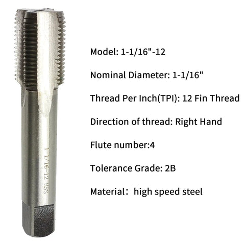 1-1/16 Inch 12 TPI UN Right Hand Straight Flute Machine Tap HSS High Speed Steel 2B Tolerance Pro Grade Metalworking Tool For Steel And Aluminum Includes 1 Tap, shown upright