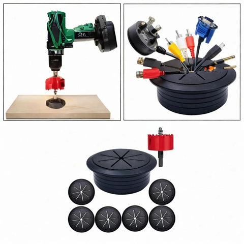 Black TV Cord Hider Kit With 2-38 Inch Cable Concealer And Grommet For Conference Tables, drill and desk cable organizer set