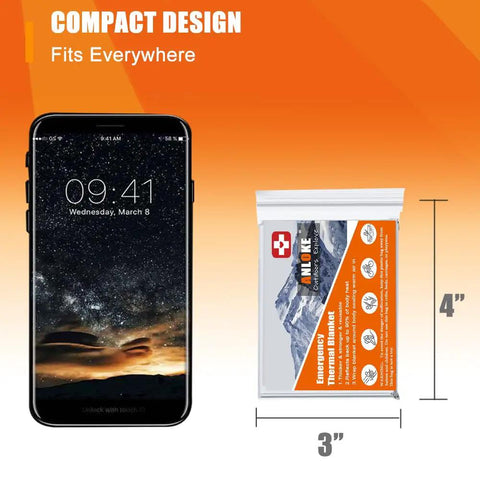 Compact design of Emergency Mylar Thermal Blankets 10 Pack, Giant Space Blankets 84 By 64 Inches next to smartphone for size comparison.